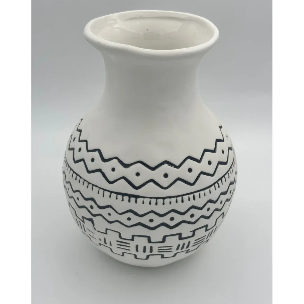 Handmade Ceramic Tribal Geometric Bud Vase Black White Boho Pottery Decorative